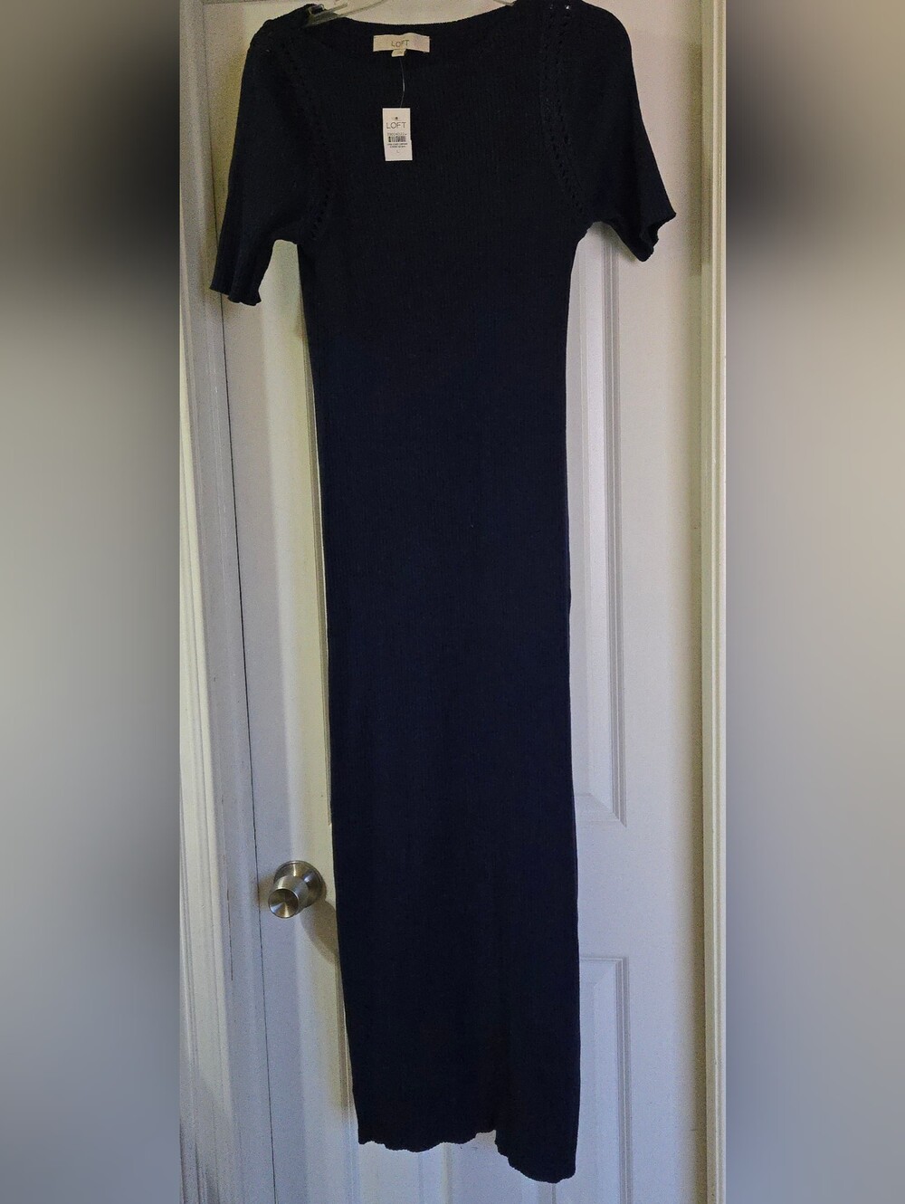 LOFT Women's Navy Blue Short-Sleeve Ribbed Knit Stretch Maxi Dress Large